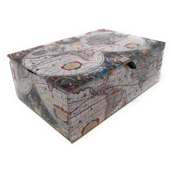 Beveled Glass Keepsake Box, Antique Old World Map - Jewelry Trinkets, Lined - Picture 4 of 9